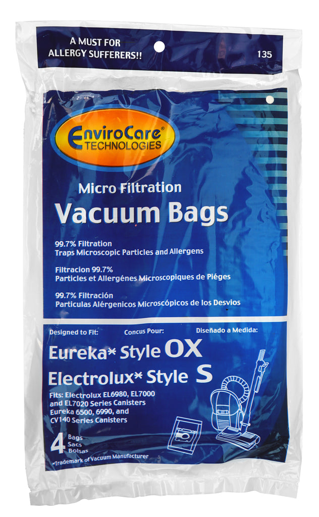 Sac microfiltre pour aspirateur Electrolux style S, Eureka style OX - Harmony - Oxygen - paquet de 4 sacs - Envirocare 135