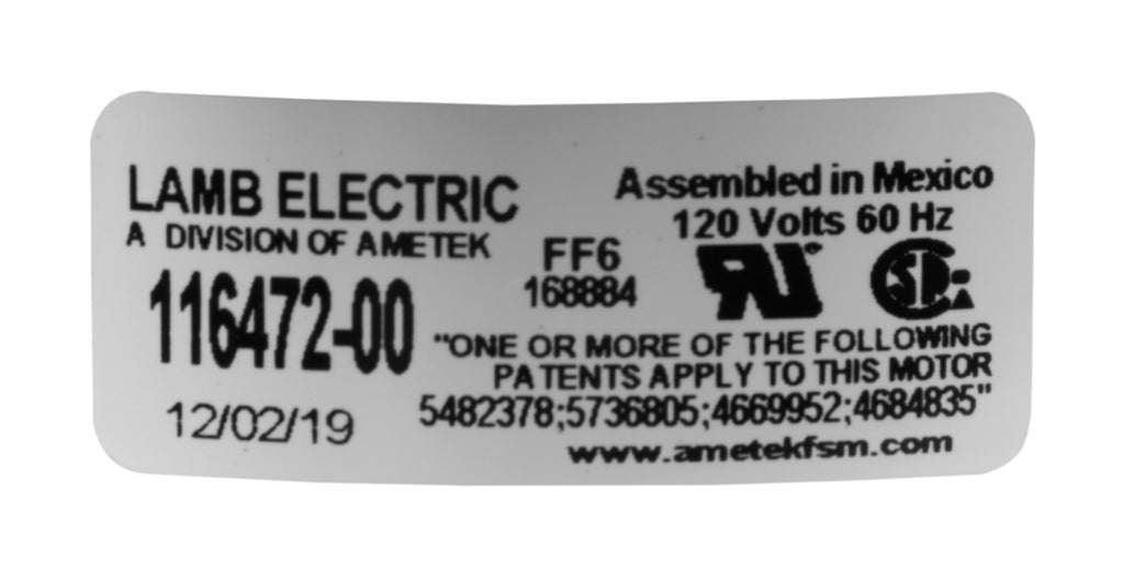 Moteur pour aspirateur tangentiel - dia 5,7" - 2 ventilateurs -120 V - 11,7 A - 1365 W - 404 watts-air - levée d'eau 106,7" - CFM (pi3/min)  112 - Lamb / Ametek 116472-00 (B)